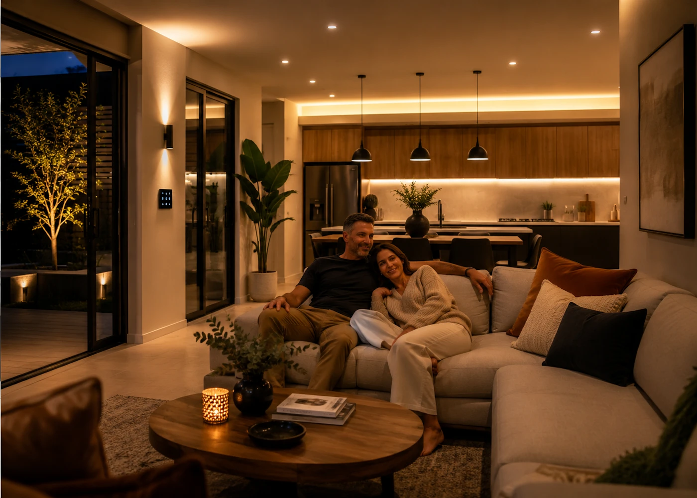 Australian living room with warm layered smart lighting creating a calm evening atmosphere