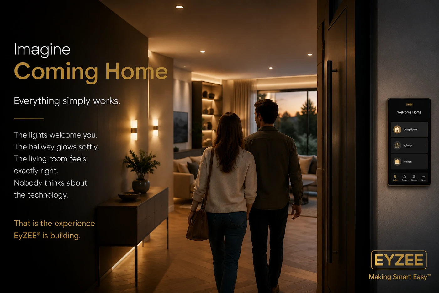 Australian family relaxing in a softly illuminated smart home at night
